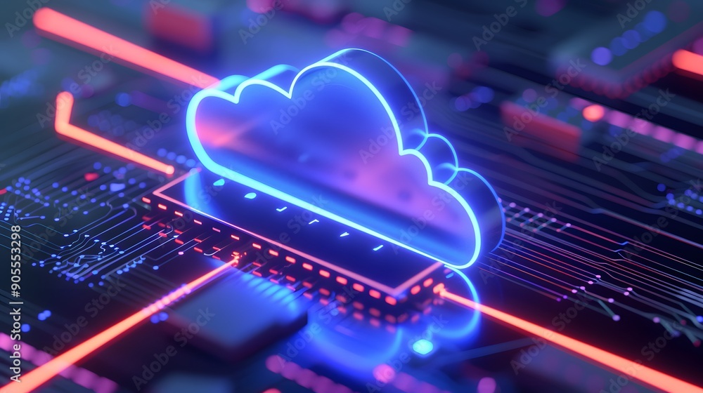 Futuristic cloud computing concept with a digital cloud hologram on a circuit board, representing data storage and technology innovation. Futuristic cloud computing concept with a digital cloud hologram on a circuit board, representing data storage and technology innovation.
