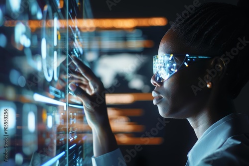 Black female IT expert assessing cyber threat data, augmented reality holograms, AI security photo