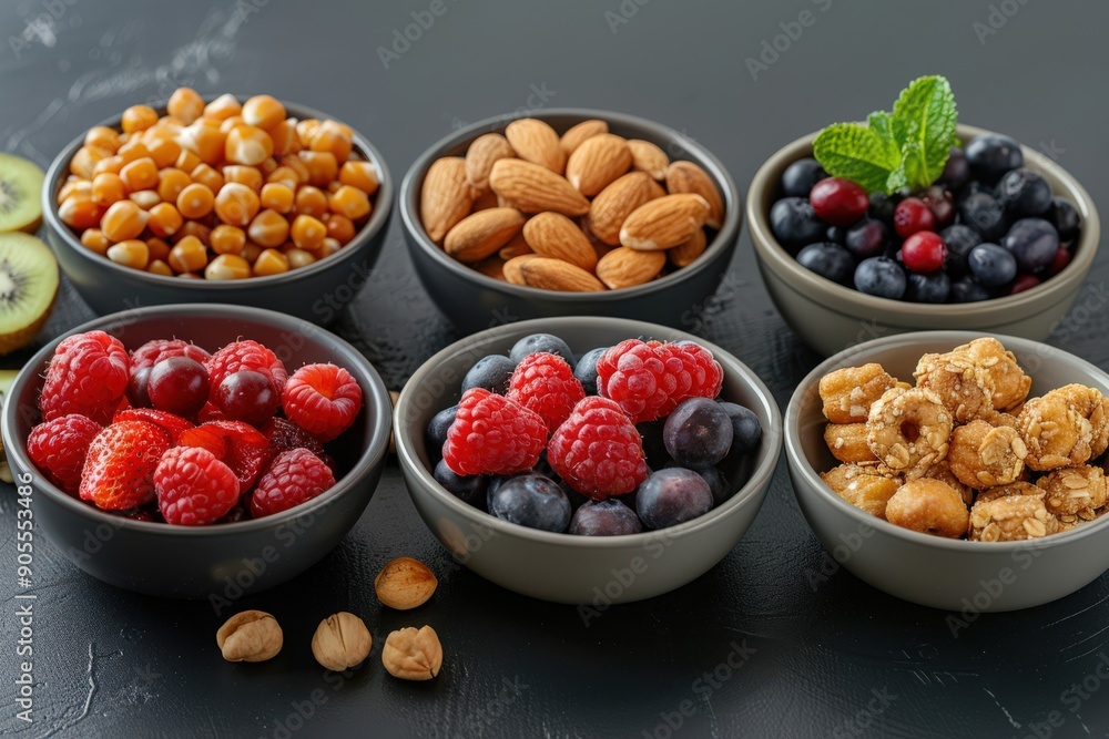 Assorted Fresh Berries, Nuts, and Fruits in Bowls on Dark Background - Healthy and Nutritious Food Assorted Fresh Berries, Nuts, and Fruits in Bowls on Dark Background - Healthy and Nutritious Food