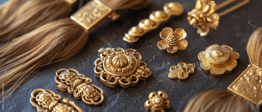 Golden tassels, intricate metal flowers and chains on a dark surface. Golden tassels, intricate metal flowers and chains on a dark surface.