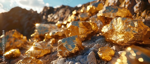 Golden rocks and stones in a rocky terrain. photo