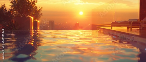 Golden sunset reflecting on a calm pool. photo