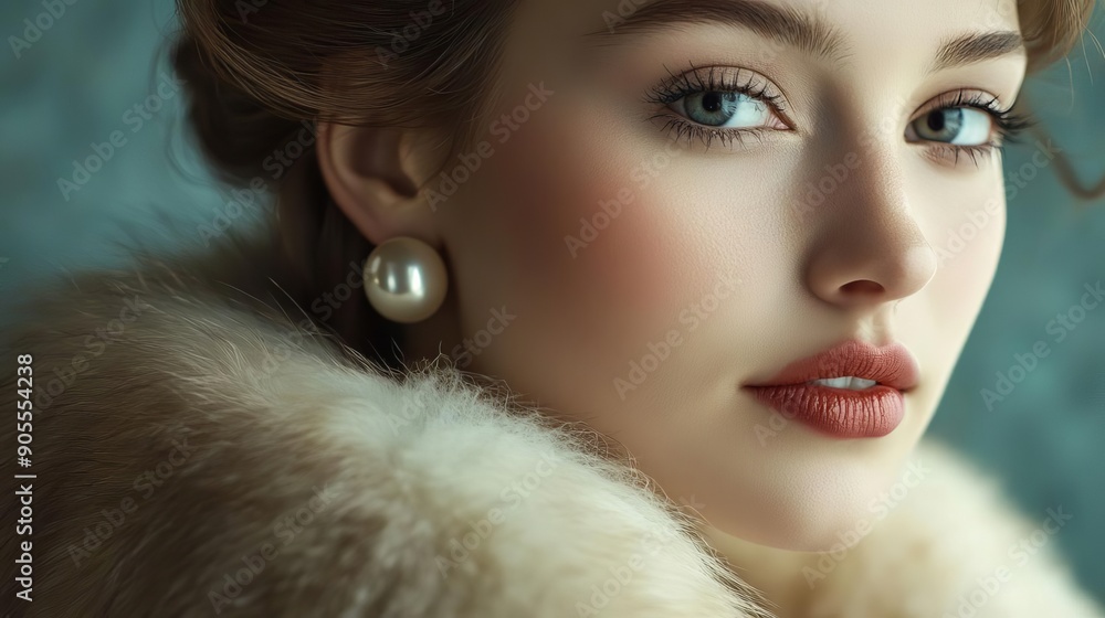 Elegant portrait of a woman with striking blue eyes and classic beauty, adorned in a luxurious fur wrap and pearl earrings. Elegant portrait of a woman with striking blue eyes and classic beauty, adorned in a luxurious fur wrap and pearl earrings.