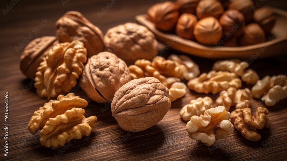 Healthy Walnuts and Nut Mix on Wooden Surface - Close-Up Healthy Walnuts and Nut Mix on Wooden Surface - Close-Up