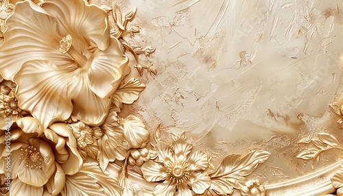 Intricate gold floral design on a textured beige background.  Perfect for wedding invitations, stationery, and more.