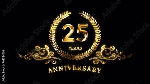 25th Anniversary Celebration. Happy 25 Years Anniversary Animation in Gold Color on the Transparent Background, Alpha Channel. Great for greetings, celebrations, events, and gifts.