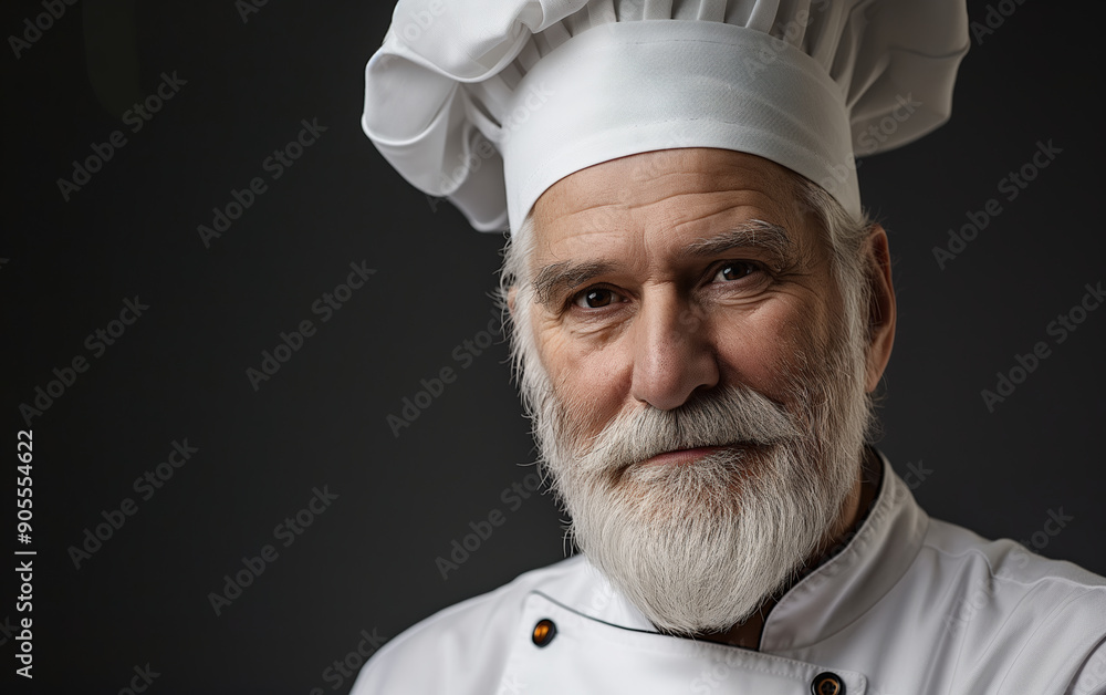 Professional Chef. Portrait male chef with cook hat, white uniform. Portrait of an old Italian or French chef, standing in the kitchen, restaurant, cooking class, cooking school. Realistic style photo Professional Chef. Portrait male chef with cook hat, white uniform. Portrait of an old Italian or French chef, standing in the kitchen, restaurant, cooking class, cooking school. Realistic style photo