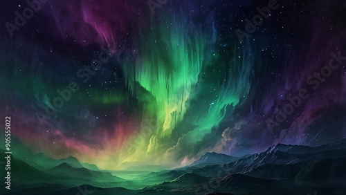  An abstract background inspired by the aurora borealis, vibrant greens and purples, and ethereal waves. Soft gradients, light glows, and serene atmosphere. 