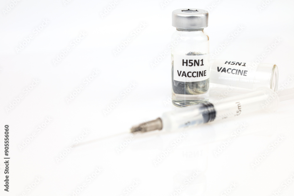 Glass vials and syringe with covid H5N1 variant vaccine on white background Glass vials and syringe with covid H5N1 variant vaccine on white background
