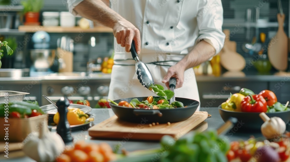 A passionate chef prepares a nutritious meal using fresh, organic ingredients, highlighting health and the importance of chemical-free cooking A passionate chef prepares a nutritious meal using fresh, organic ingredients, highlighting health and the importance of chemical-free cooking