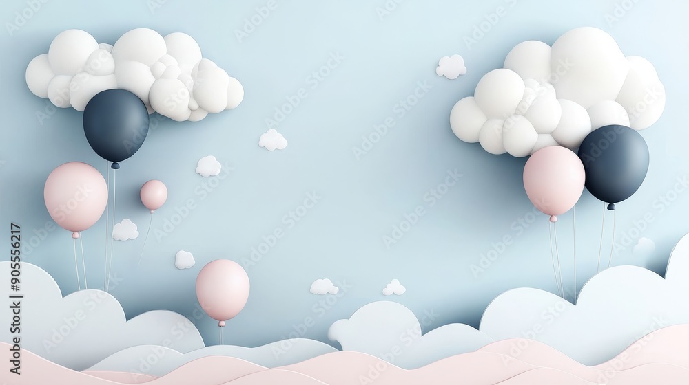 Serenity in the Sky: Minimalist 3D Rendering with Balloons, Clouds, and Blue Sky in Pink and Navy Tones Serenity in the Sky: Minimalist 3D Rendering with Balloons, Clouds, and Blue Sky in Pink and Navy Tones