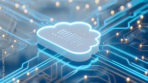 Futuristic cloud computing illustration with glowing circuits representing digital data, storage, and internet technology.