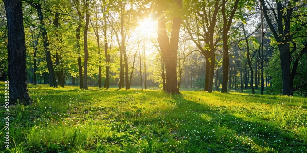 Beautiful morning in a sunny green forest. AI generation Beautiful morning in a sunny green forest. AI generation