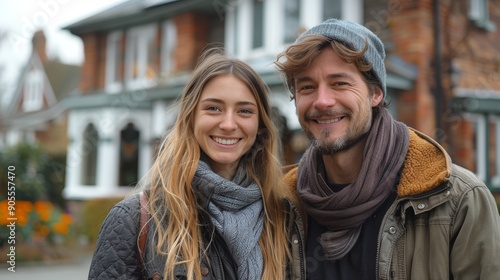 Happy Young Couple Smiling Outside Their Charming Home on a Cool Autumn Day