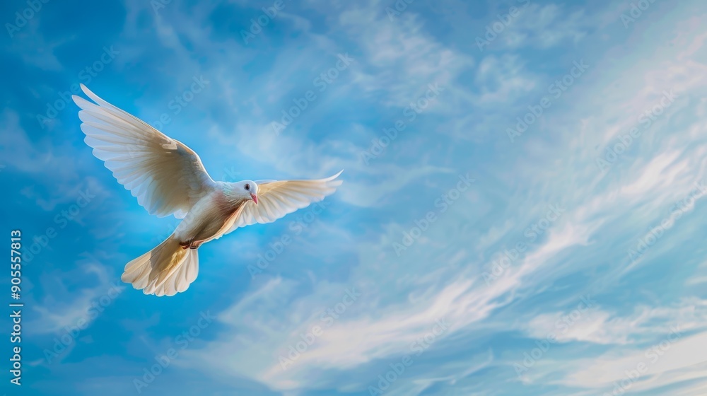 Obraz premium Flying dove. White pigeon against blue sky.