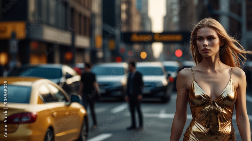 Pretty woman with fit body golden skin or in golden tight clot, walks along the street of a modern city Pretty woman with fit body golden skin or in golden tight clot, walks along the street of a modern city