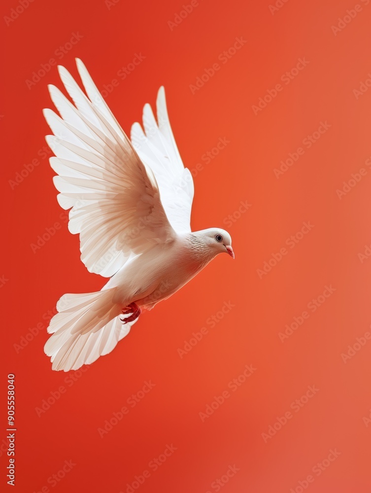 Fototapeta premium Flying dove. Pigeon on a red background.