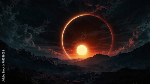  An abstract background with an eclipse theme, dark shadows, and glowing edges. Deep blacks, silvers, and bright contrasts. Mysterious and dramatic atmosphere. 