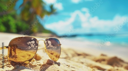 Wallpaper Mural Sunglasses on a sandy beach with palm trees and ocean in the background.  Summer vacation concept. Torontodigital.ca