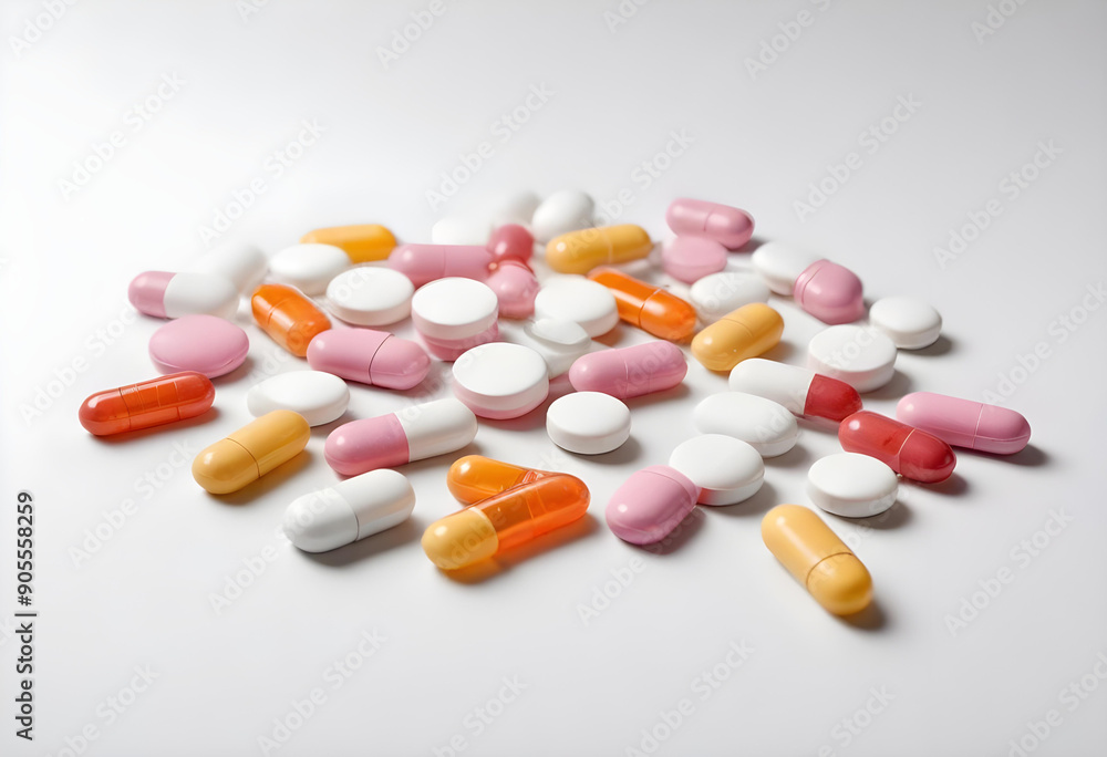 Vibrant white background with various medications and pills for wellness Vibrant white background with various medications and pills for wellness
