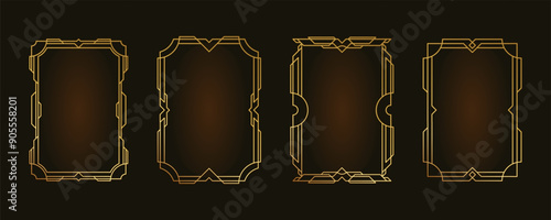Retrofuturism frame set, engraved gold. Art deco vector frame template, stylized decorative frame a4 format with pattern. Blank bookplate template, isolated vector set. Place text, printable.