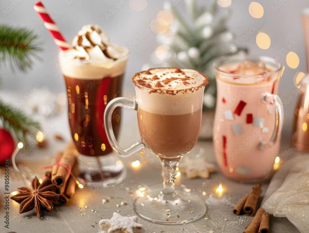Three festive Christmas drinks with whipped cream and sprinkles, surrounded by cinnamon sticks, star anise, and Christmas decorations. Three festive Christmas drinks with whipped cream and sprinkles, surrounded by cinnamon sticks, star anise, and Christmas decorations.