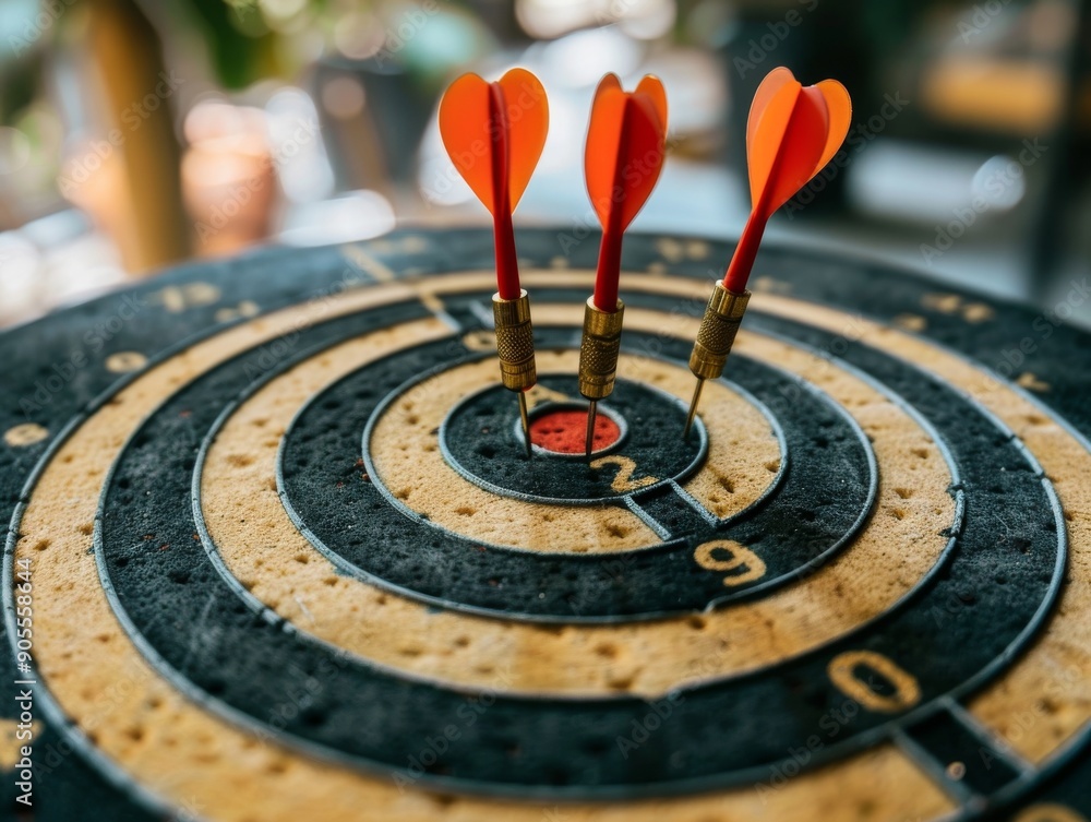 Three red darts hit the bullseye of a dartboard, symbolizing success and achievement. Three red darts hit the bullseye of a dartboard, symbolizing success and achievement.