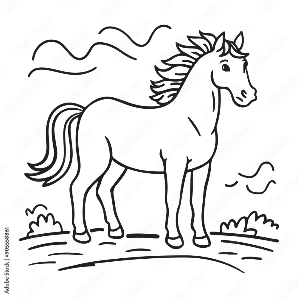A black and white drawing of a horse with white background A black and white drawing of a horse with white background