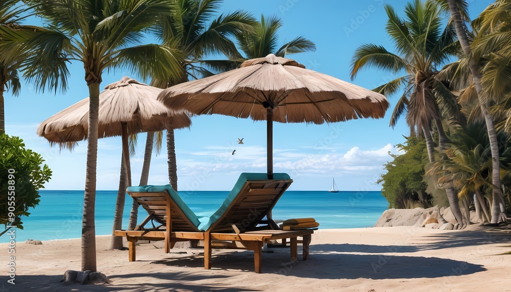 Obraz premium A sun lounger under an umbrella, a drink nearby, the sea and palm trees in the background, seagulls in the turquoise sky