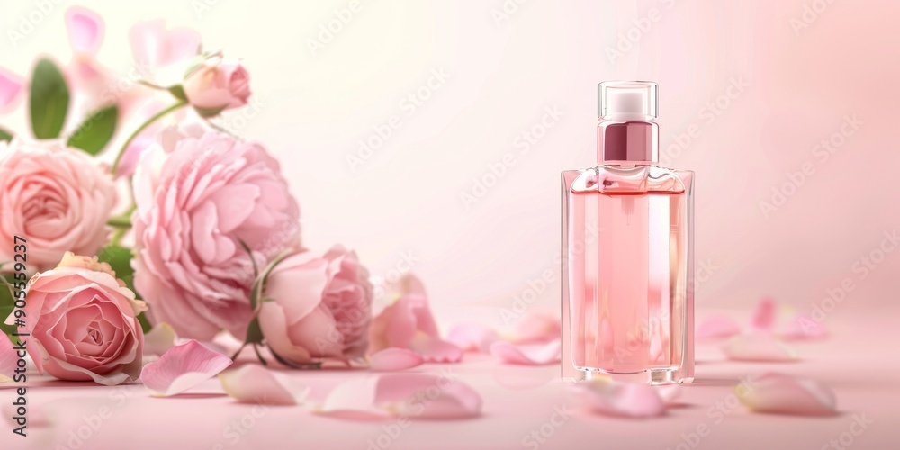 Perfume Bottle and Roses on Pink Background Perfume Bottle and Roses on Pink Background