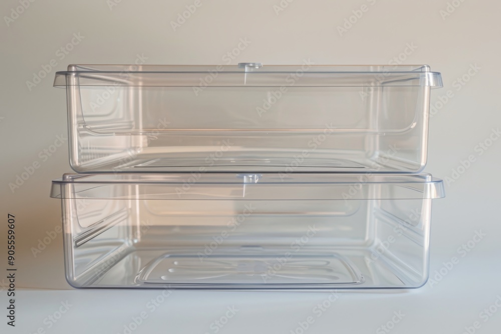 Two clear plastic storage containers with lids, stacked on top of each other. Two clear plastic storage containers with lids, stacked on top of each other.