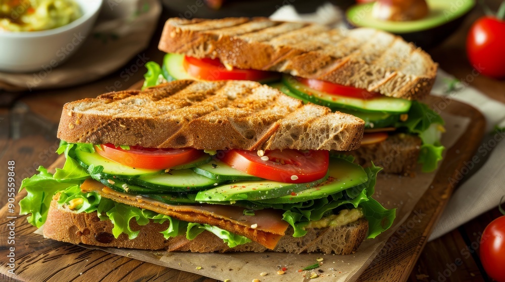 Two fresh sandwiches with tomato, cucumber, lettuce and avocado on a wooden cutting board. Two fresh sandwiches with tomato, cucumber, lettuce and avocado on a wooden cutting board.