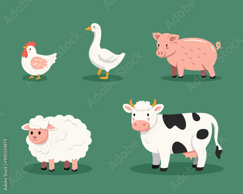 Set of vector cute farm animals chicken goose pig sheep cow