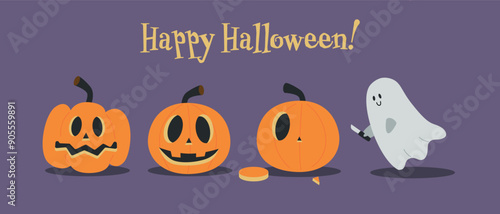 Ghost carving pumpkins for Halloween. Fun Spirits with pumpkin heads. Cute Spooky Elements. Vector flat Illustration on violet Background.