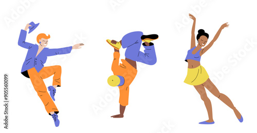 Happy dancing people. Colourful illustrations of diverse dancers performing various dance moves and poses. 
