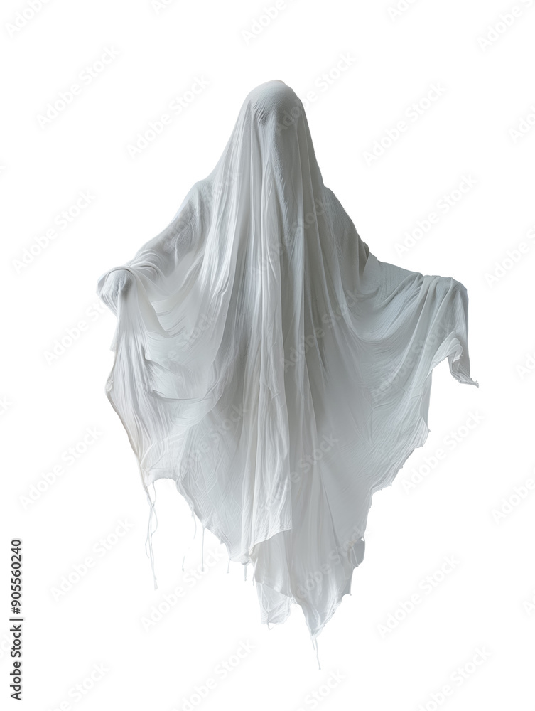 A floating ghostly figure draped in a flowing white sheet, isolated on a white background A floating ghostly figure draped in a flowing white sheet, isolated on a white background
