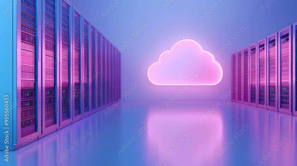 Fototapeta premium Futuristic data center with neon cloud symbolizing cloud computing and modern technology, showcasing server racks in a glowing environment.
