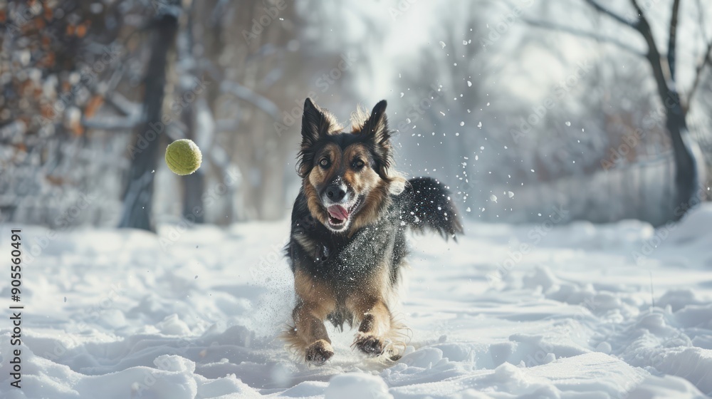 Naklejka premium An enthusiastic dog plays with a ball Run and play in the snow surrounded by nature.