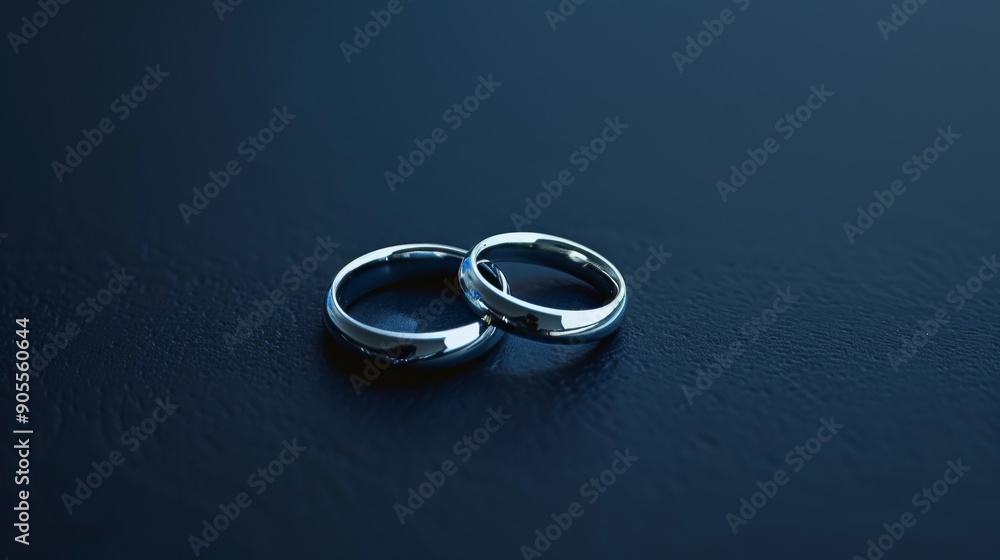 Two simple wedding bands lie side by side on a dark surface. The rings are Two simple wedding bands lie side by side on a dark surface. The rings are