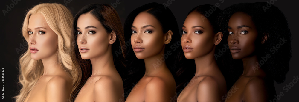 Obraz premium A diverse group of five women with different skin tones in gradient order posed in a row, facing forward, against a dark background
