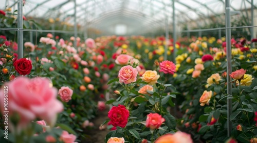 Fototapeta Naklejka Na Ścianę i Meble -  A greenhouse is filled with blooming roses showcasing various colors, creating a vibrant atmosphere and a delightful floral display.
