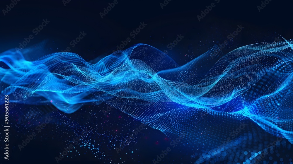 Fototapeta premium Abstract blue tech background with digital waves, network system with artificial neural connections and cyber quantum computing