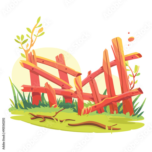 Broken wooden fence cartoon style amidst green grass under bright sun. Weathered wood barrier damaged, falling apart rural setting, no people. Old, decrepit picket fence illustrating decay, nature