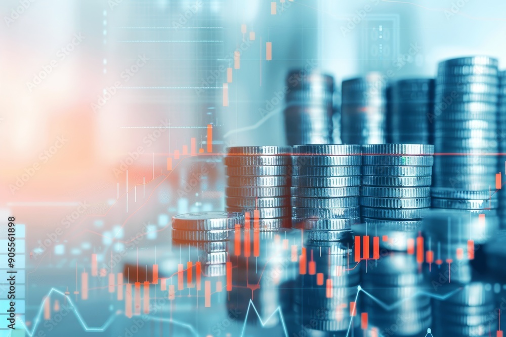 A visual representation of financial growth and investment, featuring stacks of coins overlaid with stock charts A visual representation of financial growth and investment, featuring stacks of coins overlaid with stock charts