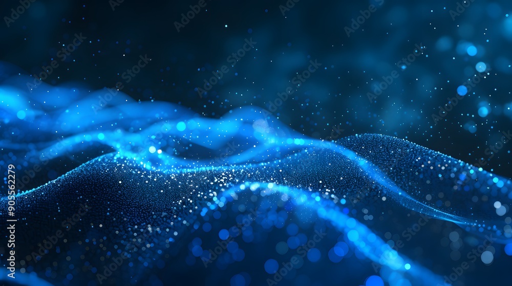 Naklejka premium Abstract blue tech background with digital waves, network system with artificial neural connections and cyber quantum computing