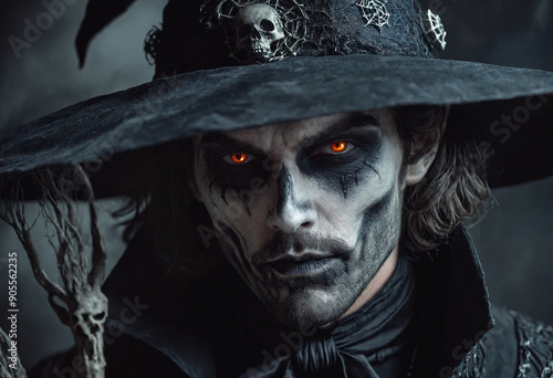 Portrait Scary warlock with dark makeup. Sinister Sorcerer with Glowing Eyes