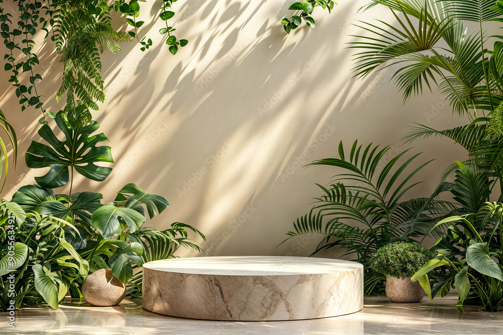 Podium circulaire vide en marbre avec des plantes et un mur beige Podium circulaire vide en marbre avec des plantes et un mur beige