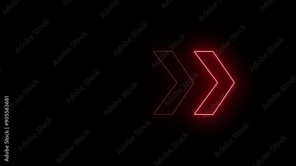 Abstract glowing red neon arrow right direction sign animation on a black background. Abstract glowing red neon arrow right direction sign animation on a black background.