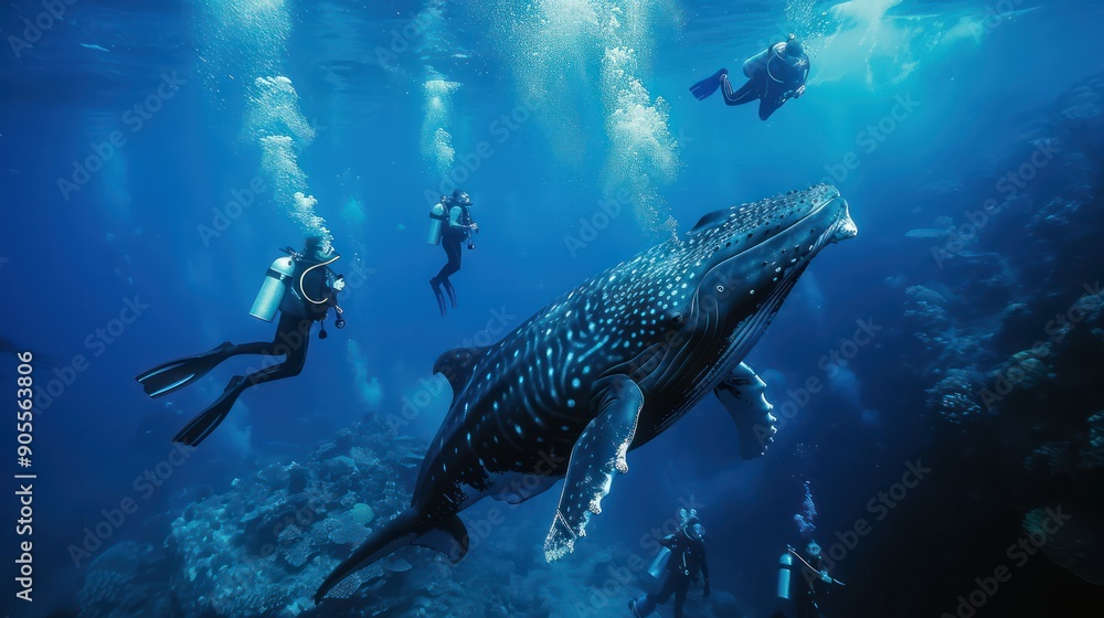 Obraz premium Group of students diving in the underwater coral reef sea with a large whale.