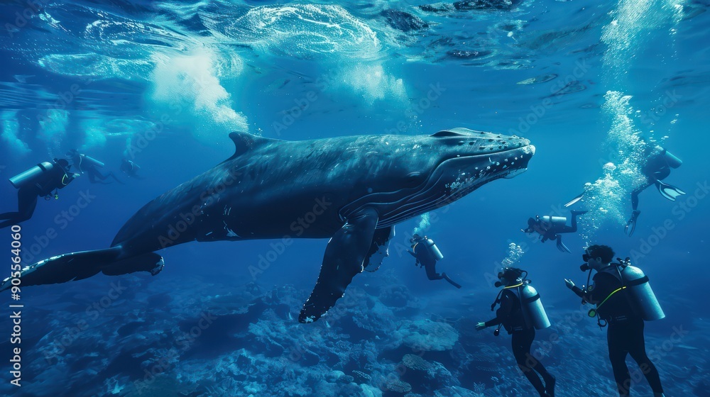 Fototapeta premium Group of students diving in the underwater coral reef sea with a large whale.